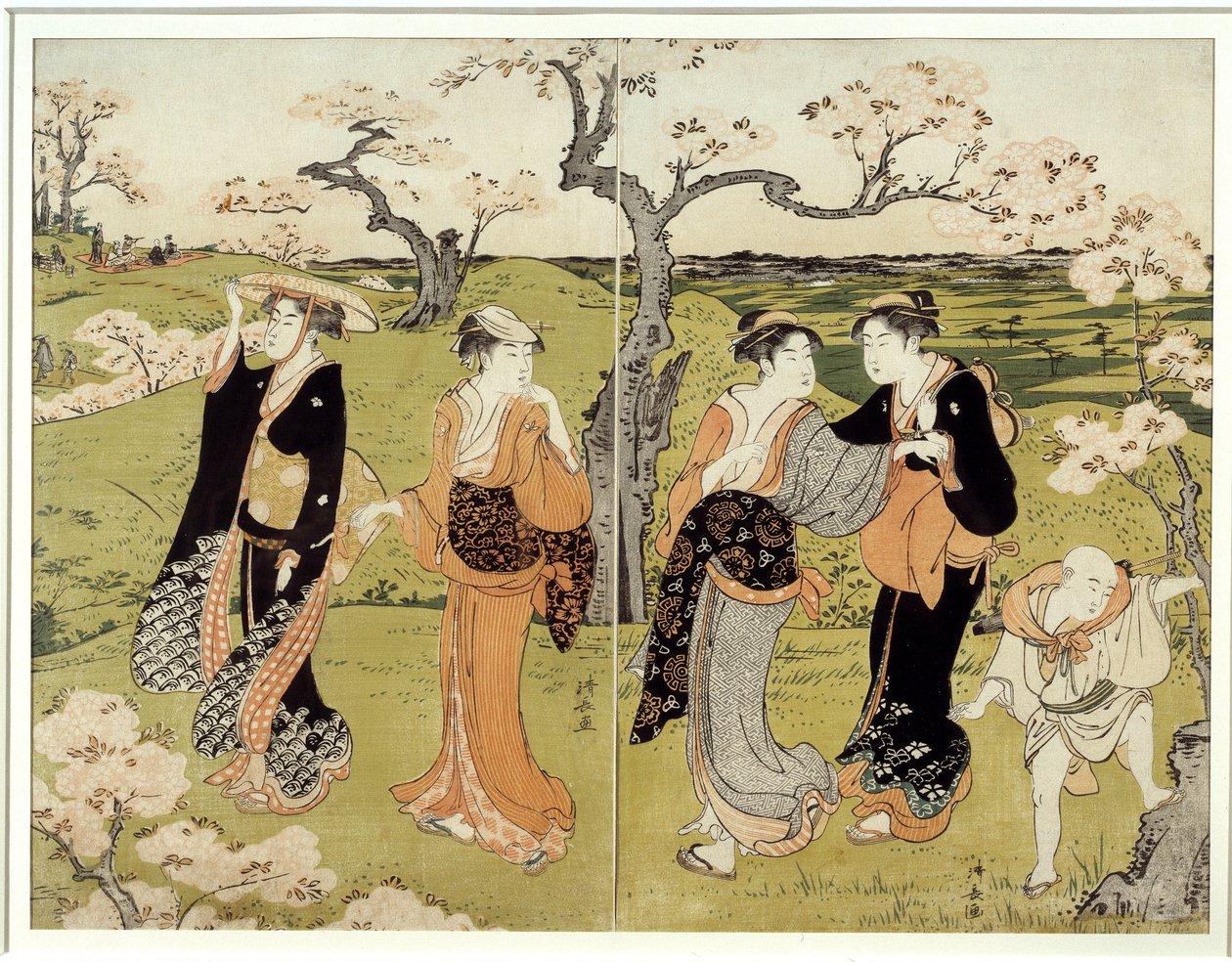 Piknik pod kwitnącą wiśnią w Assaakayama. Japoński nadruk autorstwa Torii Kiyonaga (1752-1815), styl Ukiyo-E autorstwa Torii Kuyonaga