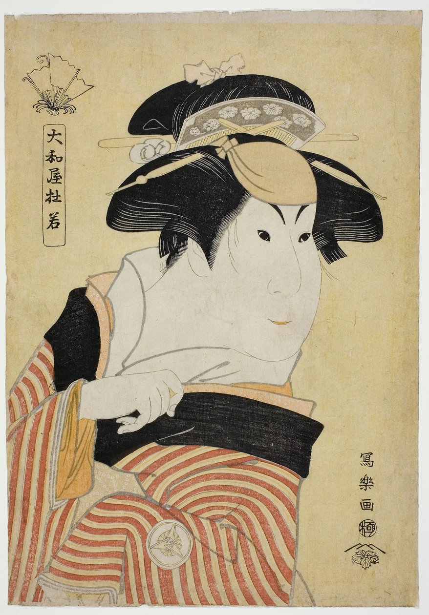 Yamatoya Tojaku (Aktor Iwai Hanshiro IV jako Otoma, córka Ohiny z Inamuragasaki w Kamakurze) (Yondai-me Iwai Hanshiro no Kamakura Inamuragasaki no Ohina musume Otoma) autorstwa Toshusai Sharaku