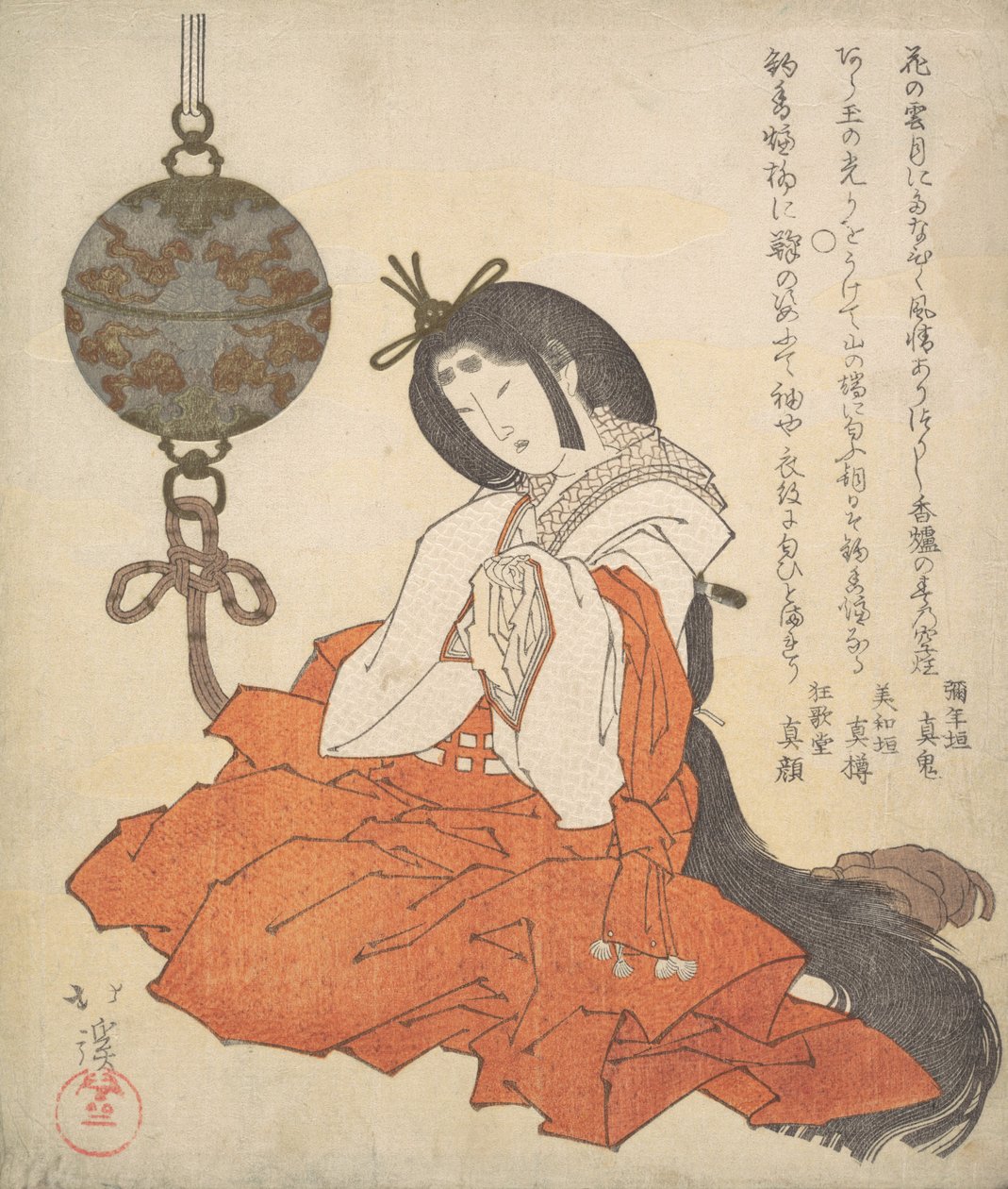Siedząca dama dworska Kanjo i Tsurikoro wisząca przy jej głowie, ca. 1825. autorstwa Totoya Hokkei
