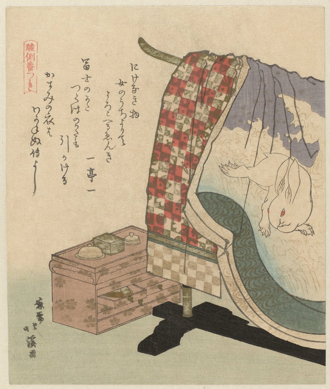 Kimono z królikiem Książeczka do poduszek (tytuł serii) Makura no soshi (tytuł serii na obiekcie) autorstwa Totoya Hokkei