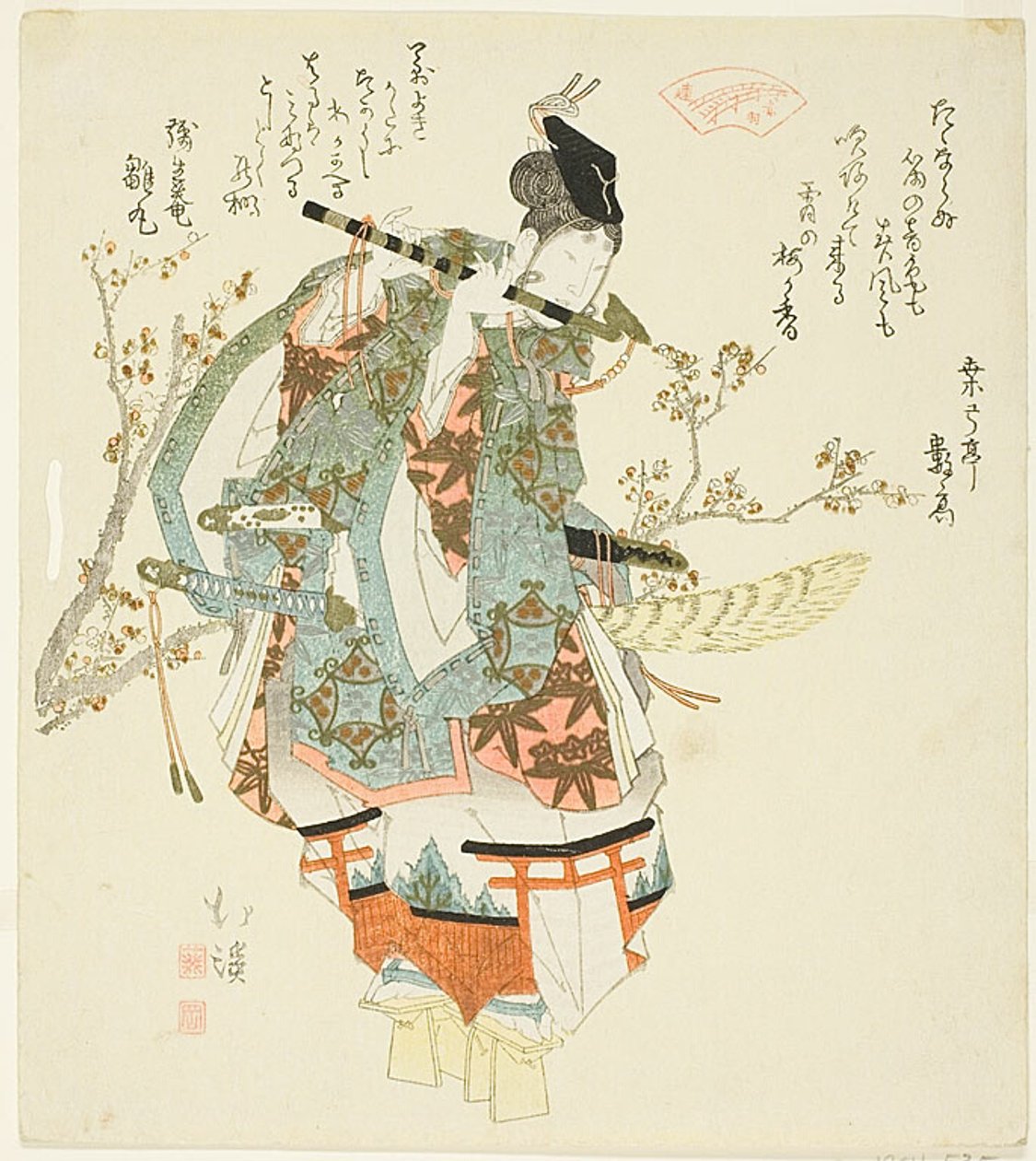 Minamoto no Yoshitsune (Ushiwaka Maru) grający na flecie autorstwa Totoya Hokkei