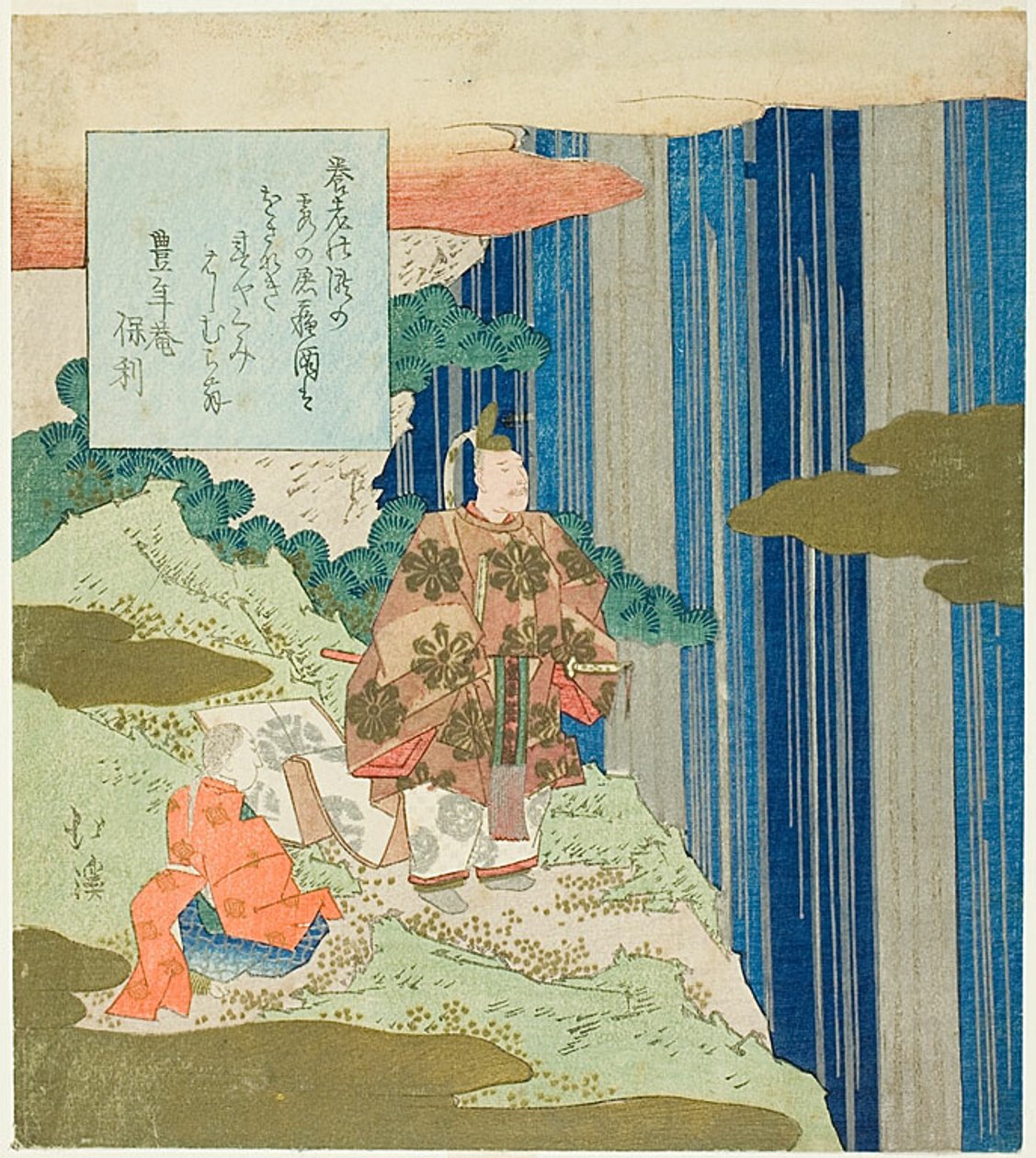 Narihira przy wodospadzie Nunobiki, fragment 87. odcinka Tales of Ise autorstwa Totoya Hokkei
