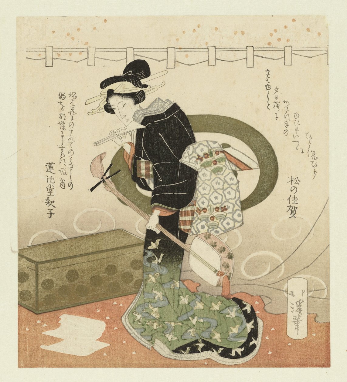 Kobieta z shamisen Pentaptyk O podziwianiu kwiatów (tytuł serii) Hanami gobantsuzuki (tytuł serii na obiekcie) autorstwa Totoya Hokkei