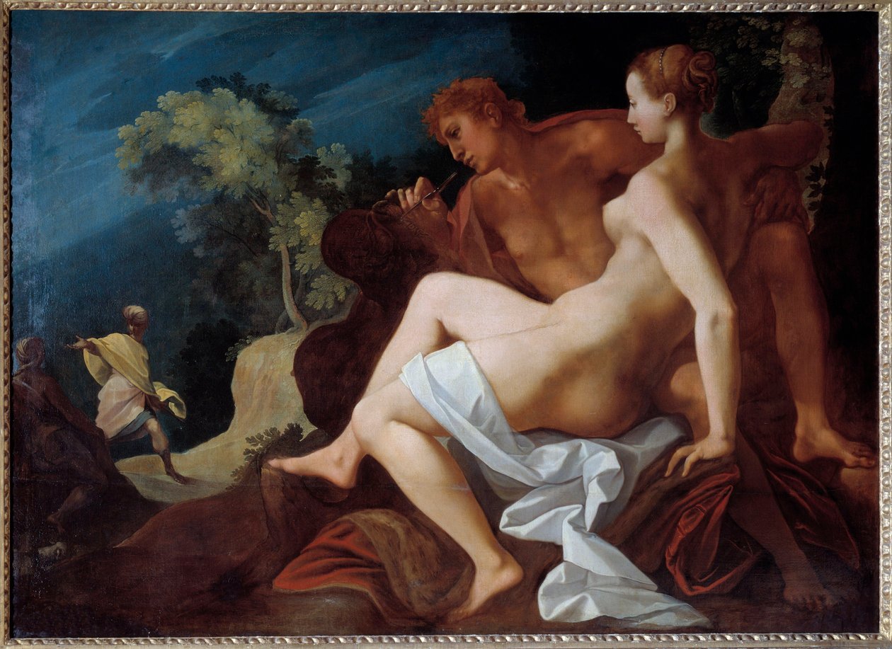 Angelique et Medor Ilustracja do „”Le Roland Furieux”” (Orlando Furioso) autorstwa Ludovica Ariosto (Arioste) reprezentującego Medora (Medoro) wpisując na skale imię Angelique (Angelica), z którą właśnie dołączył - Na dole , Roland przybywa, co autorstwa Toussaint Dubreuil
