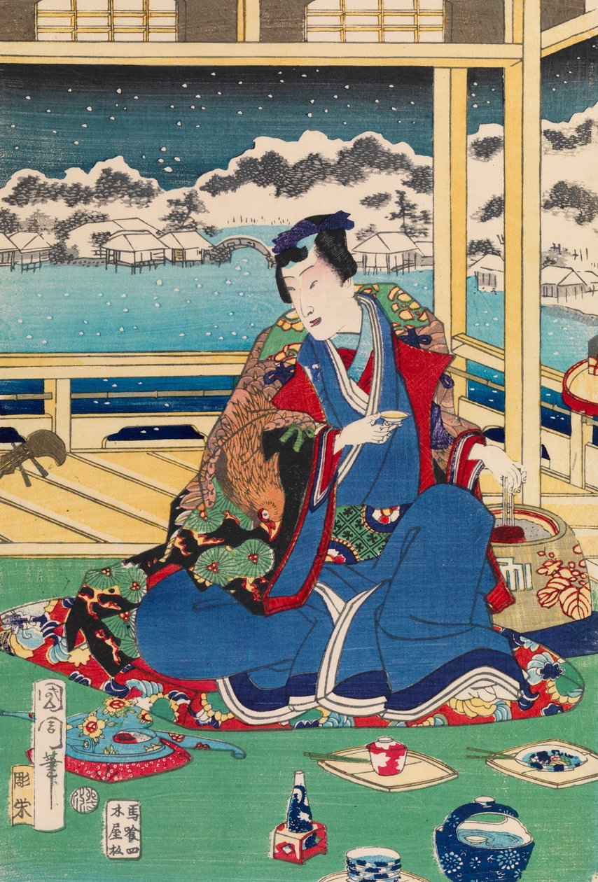 Genji ogląda śnieg z balkonu autorstwa Toyohara Kunichika