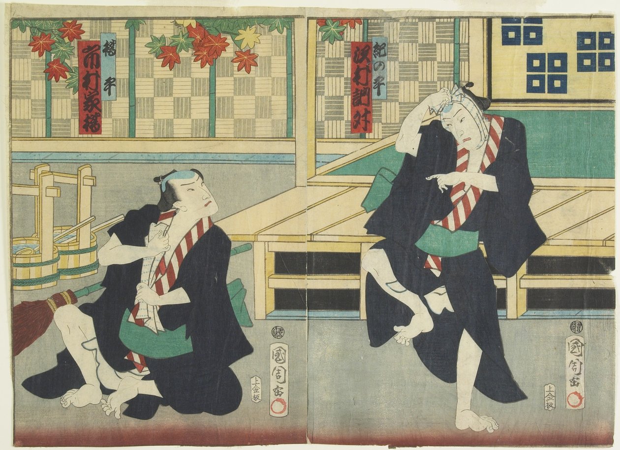 Sawamura Tossho _ Dobry jak Kinohei i Ichimura Kakitsui jako Kippei, maj 1865 autorstwa Toyohara Kunichika