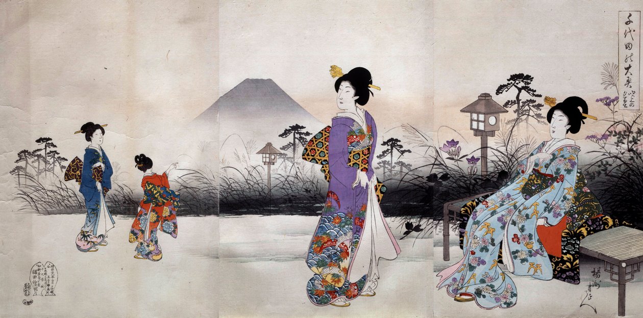 Japońskie kobiety spacerujące przed górą Fuji Japońska grafika Toyohara Chikanobu (1838-1912) 1896 Kolekcja prywatna autorstwa Toyohara Chikanobu