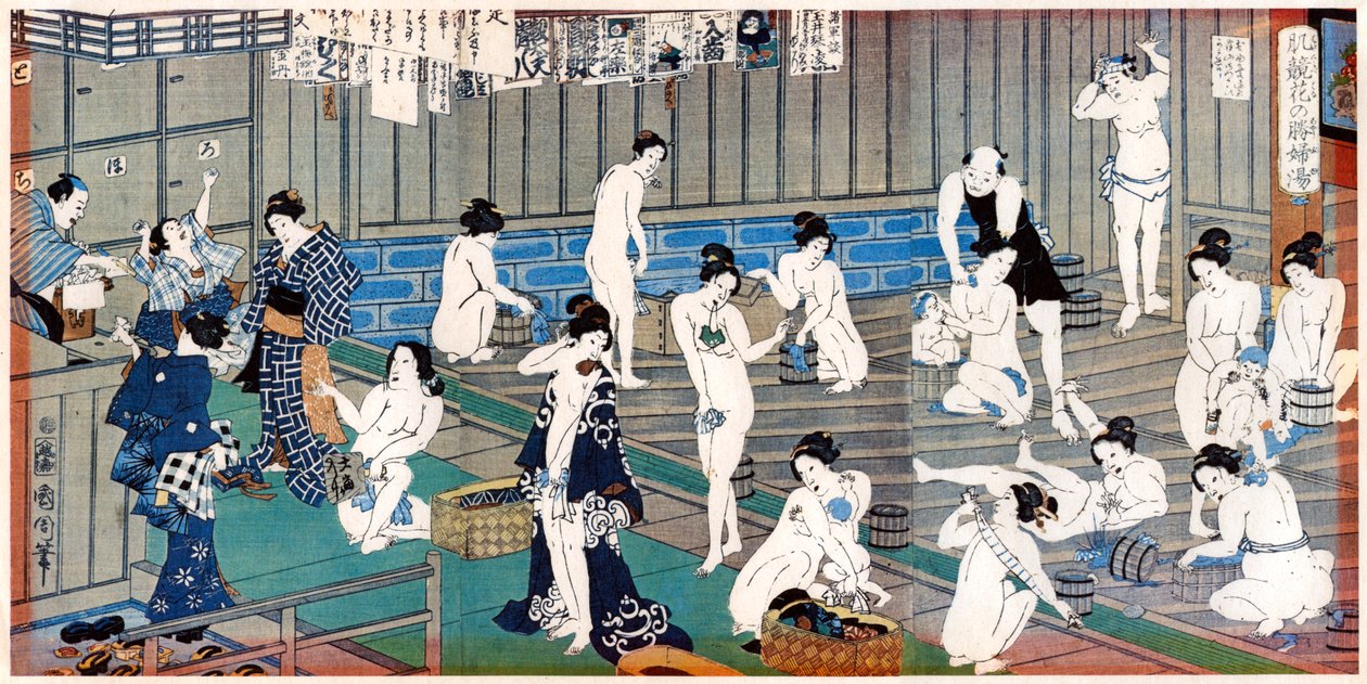 Scena z łaźni, rycina Toyohara Kunichika, XIX w. autorstwa Toyohara Kunichika