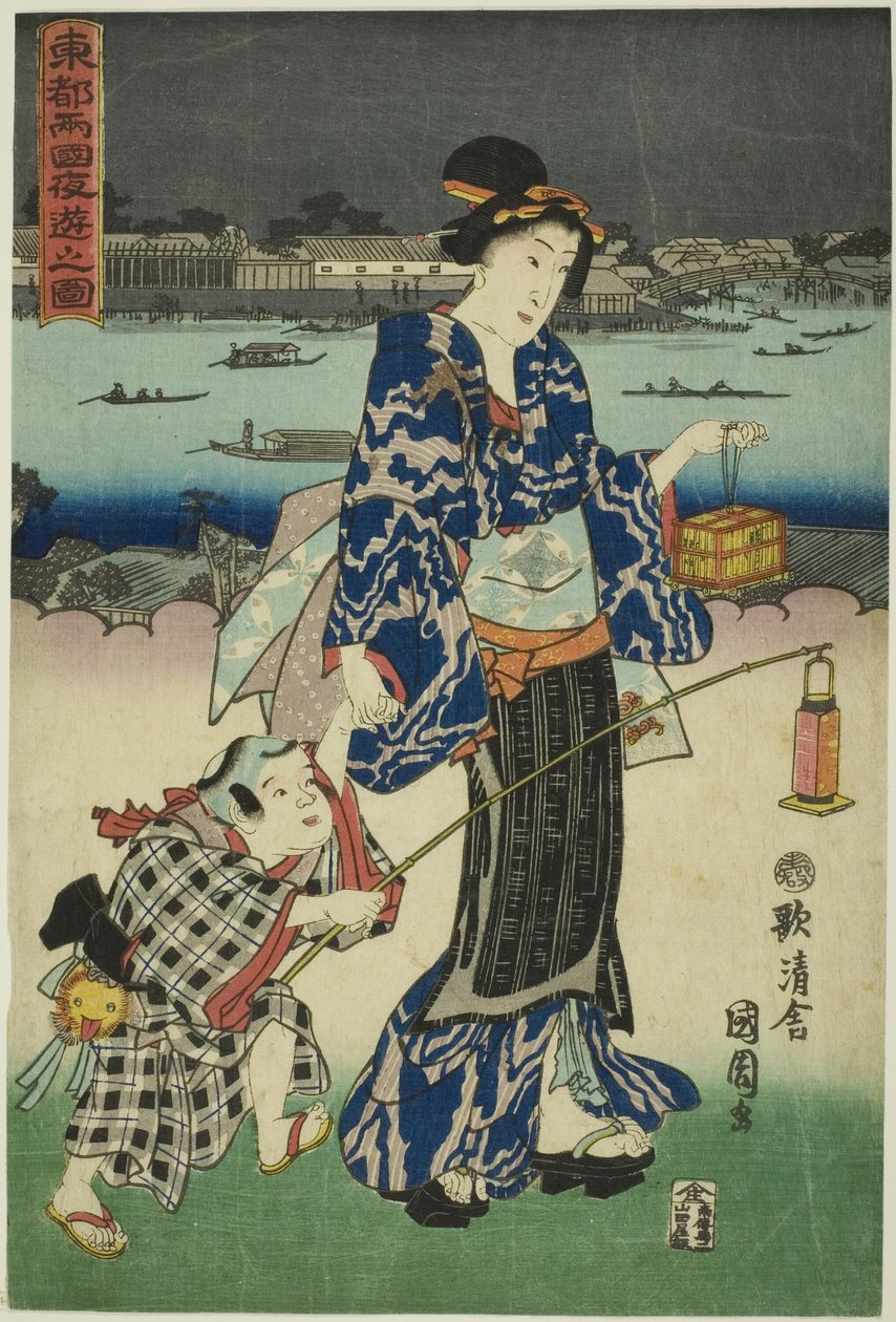 Eve People bawi się w ręcznie robionym pitalu (toto ro country night) autorstwa Toyohara Kunichika