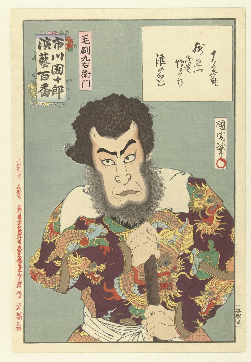 Ichikawa Danjuro IX jako Kezori Kyuemon Kezori Kyuemon (tytuł na obiekcie) Honderd rollen van Ichikawa Danjuro IX (tytuł serii) Ichikawa Danjuro engei hyakuban (tytuł serii na obiekcie) autorstwa Toyohara Kunichika