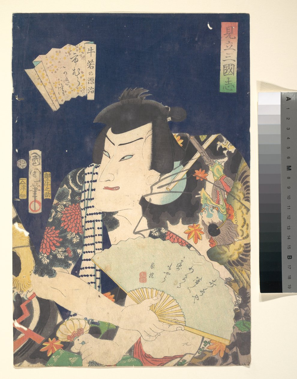 Ichimura Kakitsu IV als Ushiwaka no Genji im Kabuki-Stück Eine Parodie der Romanze der Drei Königreiche autorstwa Toyohara Kunichika