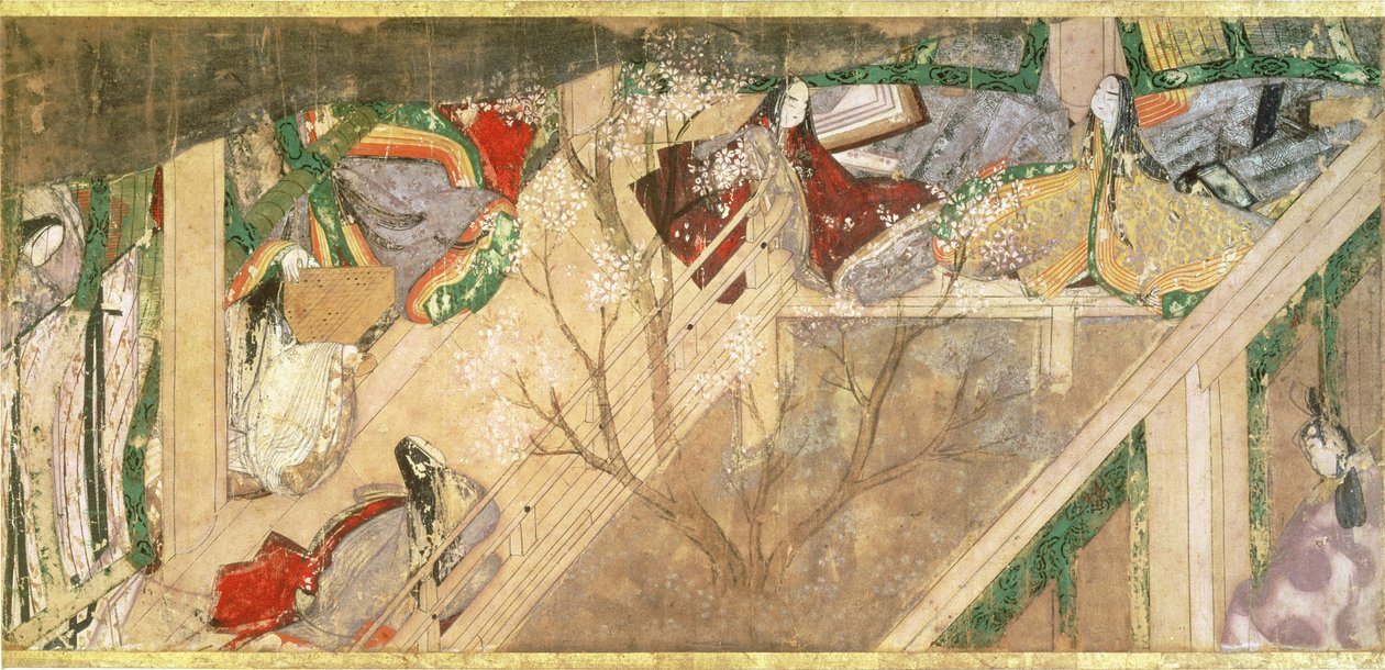 „Opowieść o Genji” („Genji Monogatari”) X-wieczna powieść o romantycznym życiu księcia Genjiego, ilustracja autorstwa Hikokuniego Tokugawy II (fl.1821-24), wyd. 19 wiek autorstwa Toyokawa Hikokuni