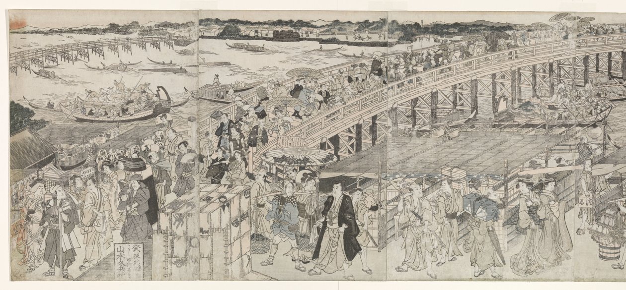 Widok: Ciesz się wieczorną bryzą na moście Ryogoku autorstwa Toyokuni (II) , Utagawa