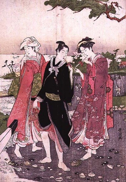 Dwie dziewczyny i młodzieniec na plaży, pub. ok.1780 autorstwa Utagawa Toyokuni