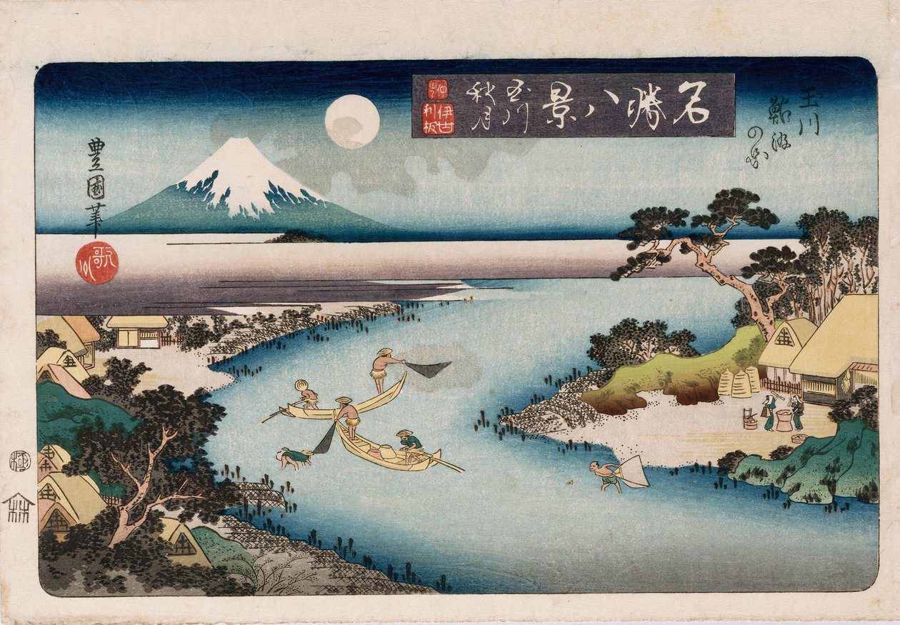 Autumn Moon, Tama River”, z cyklu „Osiem widoków znanych miejsc” autorstwa Toyokuni II