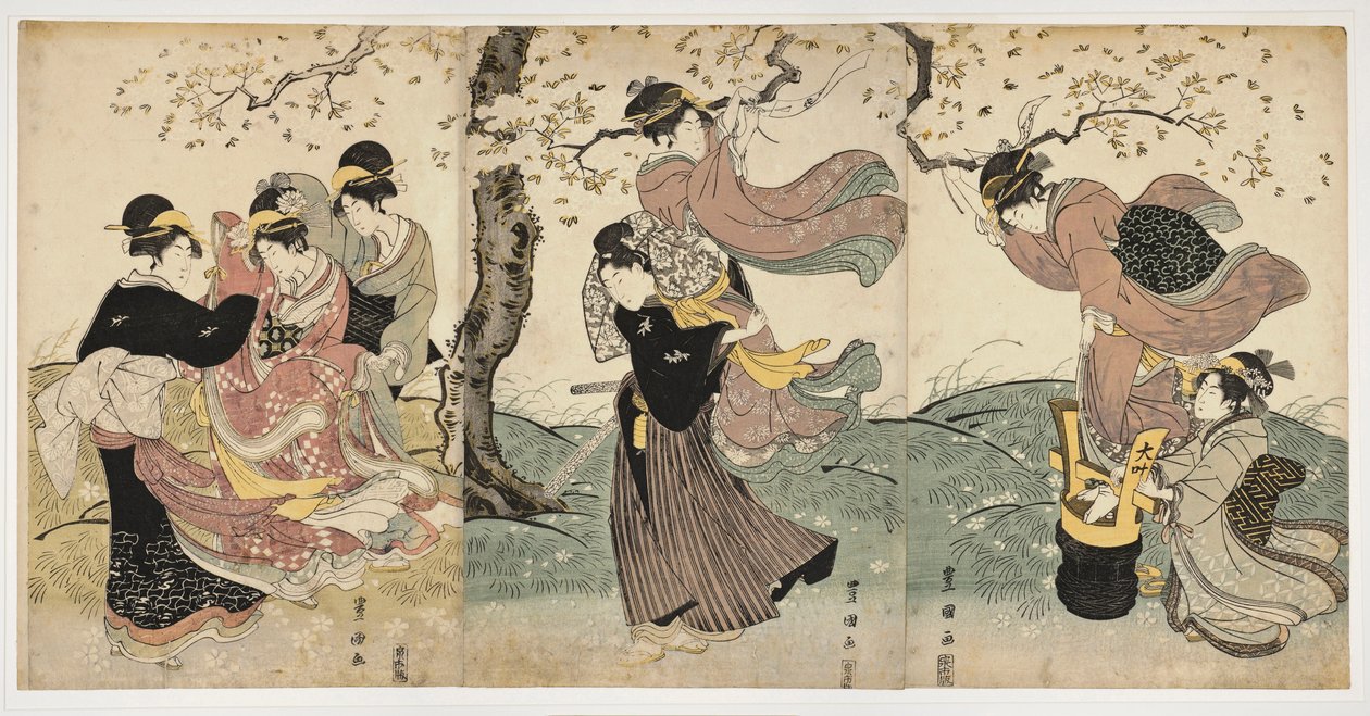 Sztuka japońska: Kwiaty na wietrze (scena z kobietami i mężczyzną zawieszającymi serpentyny na gałęziach drzewa) - Grafika Utagawa Toyokuni (1769-1825) linoryt (37,8x75,9), ok. 1797-1800 - Akademia Sztuk Pięknych w Honolulu autorstwa Toyokuni Utagawa