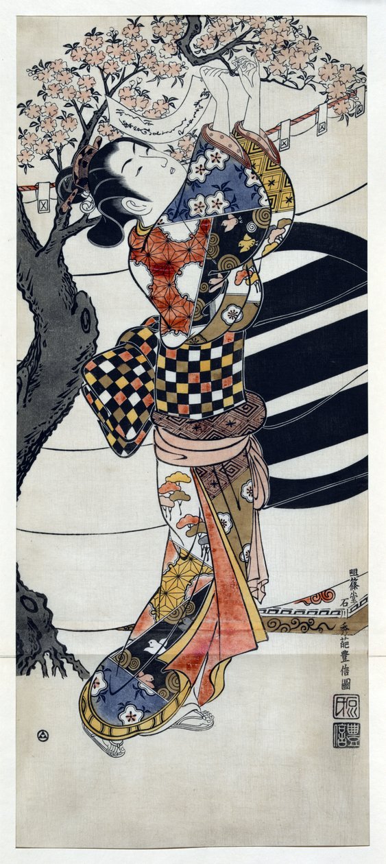 Japonka ubrana w kimono wieszająca wiersze na kwitnącej wiśni, drzeworyt japoński autorstwa Ishikawy Toyonobu (1711-1785) ok. 1741 autorstwa Toyonobu Ishikawa