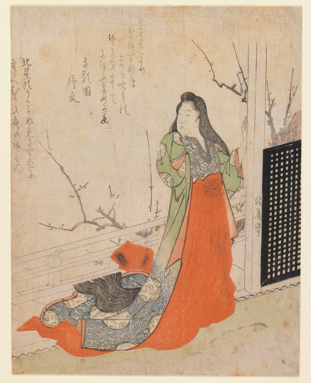 Surimono, Dama na tarasie, ok. 1830 (drewnodruk) autorstwa Toyota Hokkei