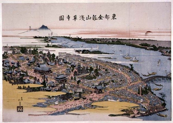 Świątynia Kinryuzan Senso-ji we wschodniej stolicy (Edo) ok. 1820 r. (drewnodruk) autorstwa Toyota Hokkei