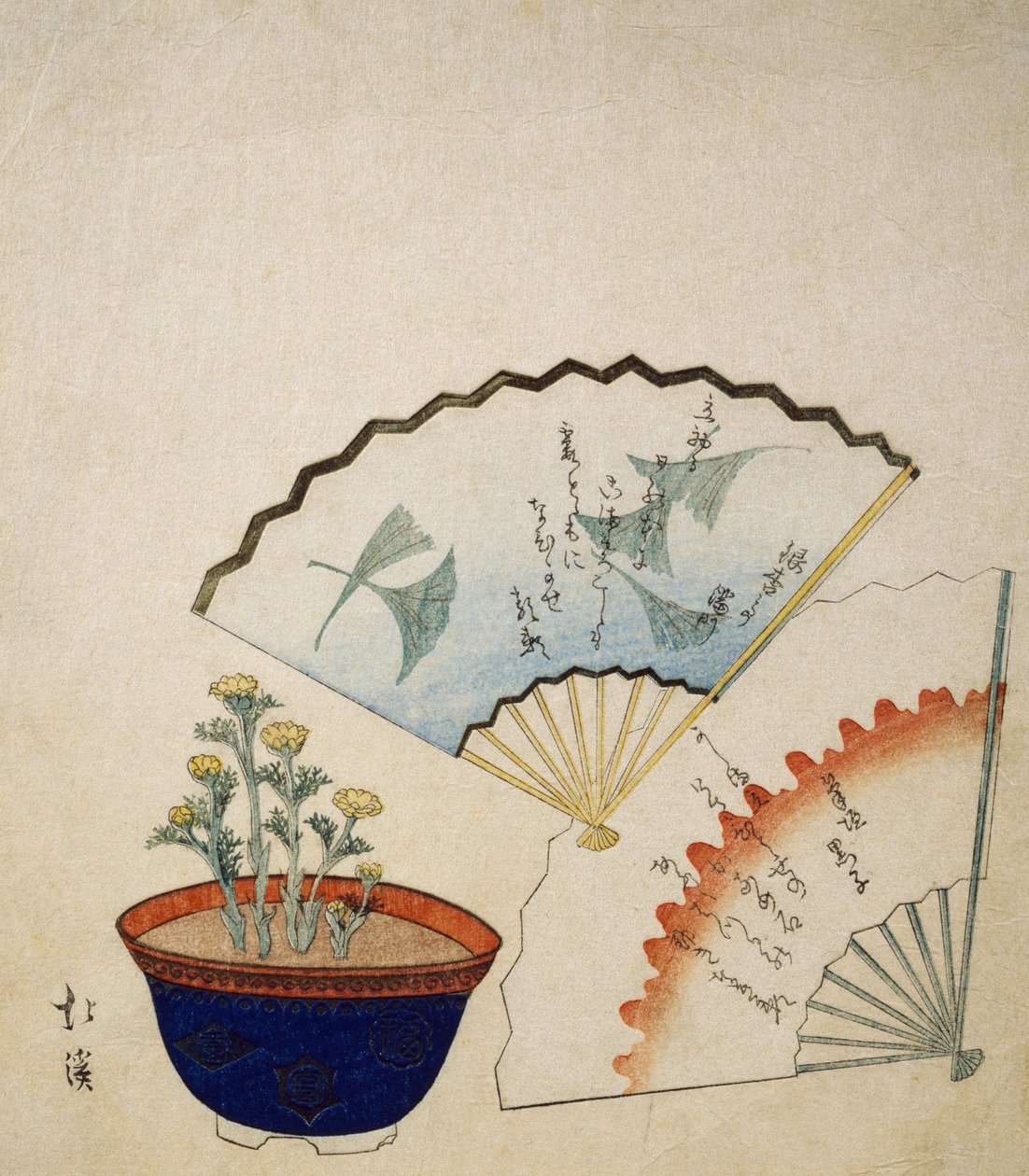 Wazon z Adonisem i dwoma wachlarzami ozdobionymi wierszami Ichotei Mitsunori i Fudegaki, ok. 1830 r. autorstwa Toyota Hokkei