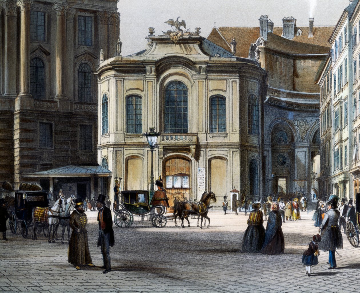 Burgtheater w Wiedniu Michaelerplatz z Winterreitschule (zimową szkołą jazdy konnej) po prawej stronie, autorstwa Tranquillo Mollo (1767-1837), kolorowa rycina, Austria autorstwa Tranquillo Mollo