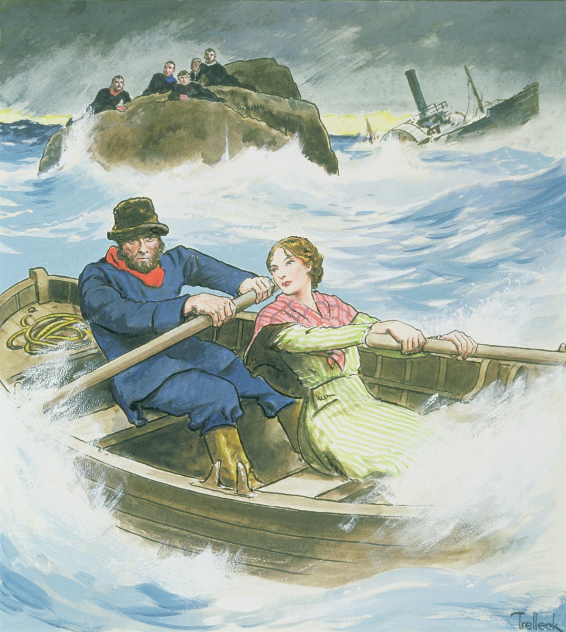 Grace Darling (1815-41) i jej ojciec ratujący ocalałych z rozbitego statku parowego „Forfarshire”, 7 września 1838, z „Peeps into the Past”, opublikowany ok. 1900 autorstwa Trelleek