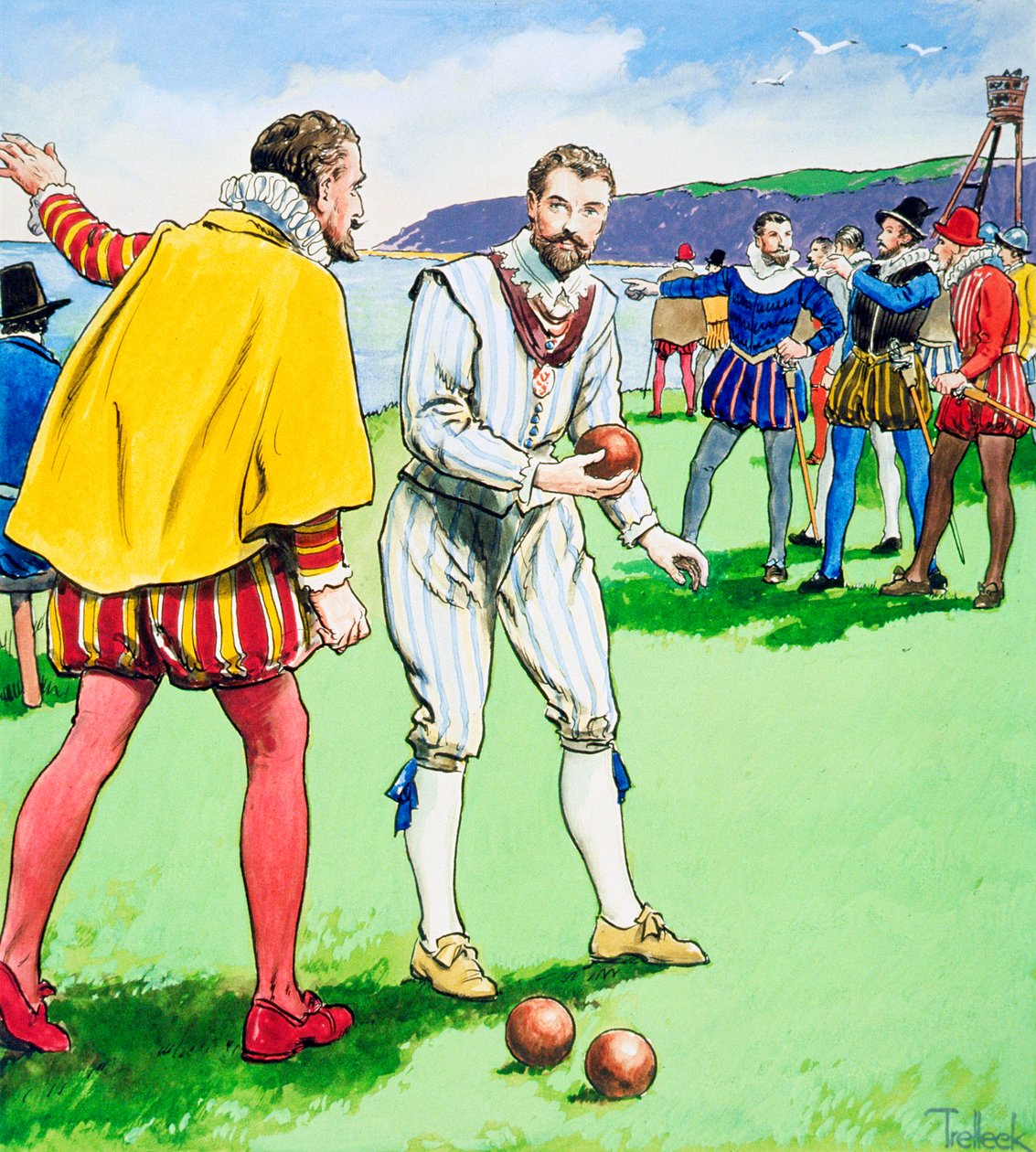 Sir Francis Drake gra w kręgle na Plymouth Hoe, 1588 c1900 autorstwa Trelleek