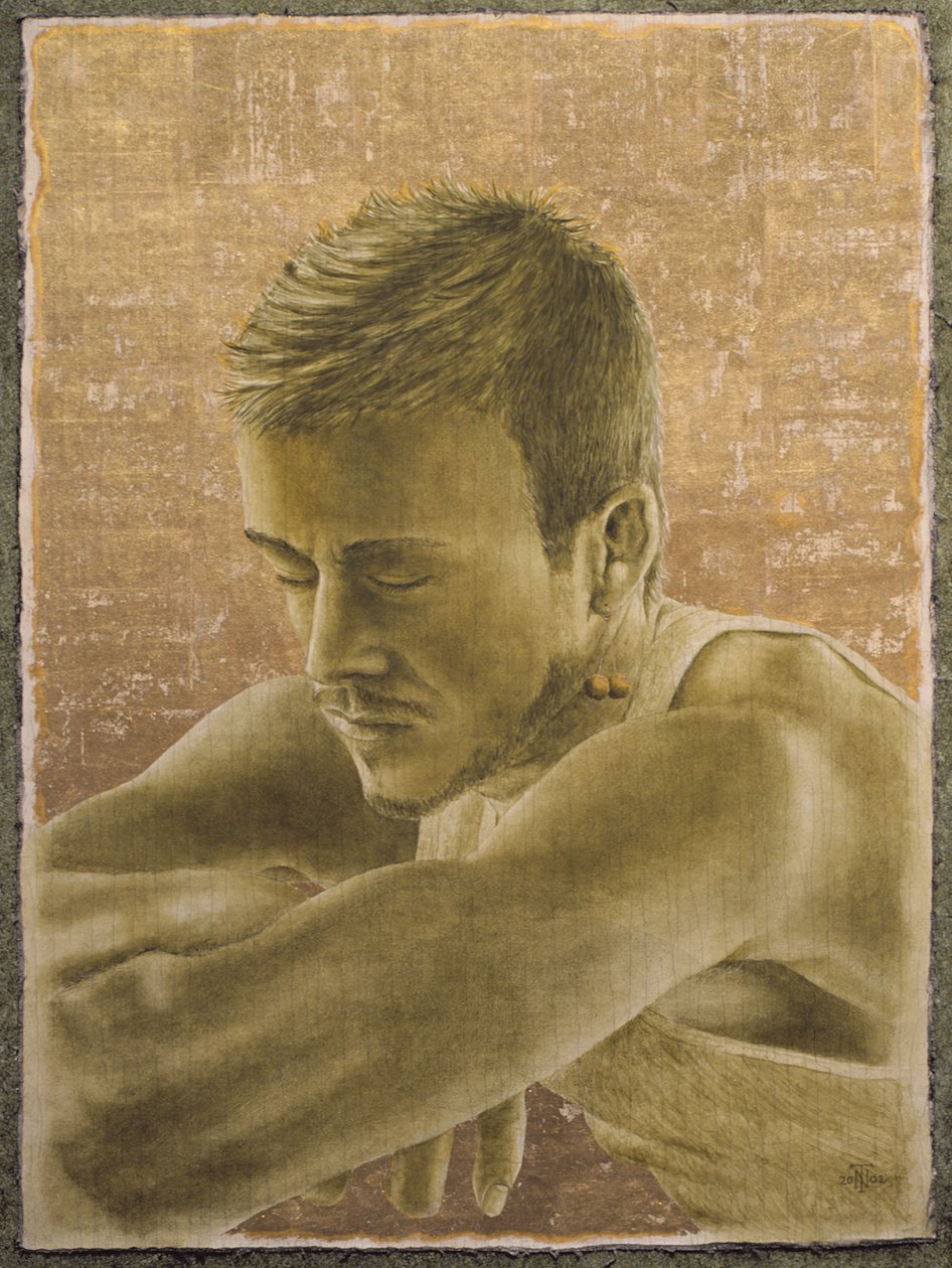 Beckham (ur. 1975) (olej i złoty płatek na popękanej zaprawie na płótnie ułożonym na płycie) autorstwa Trevor Neal