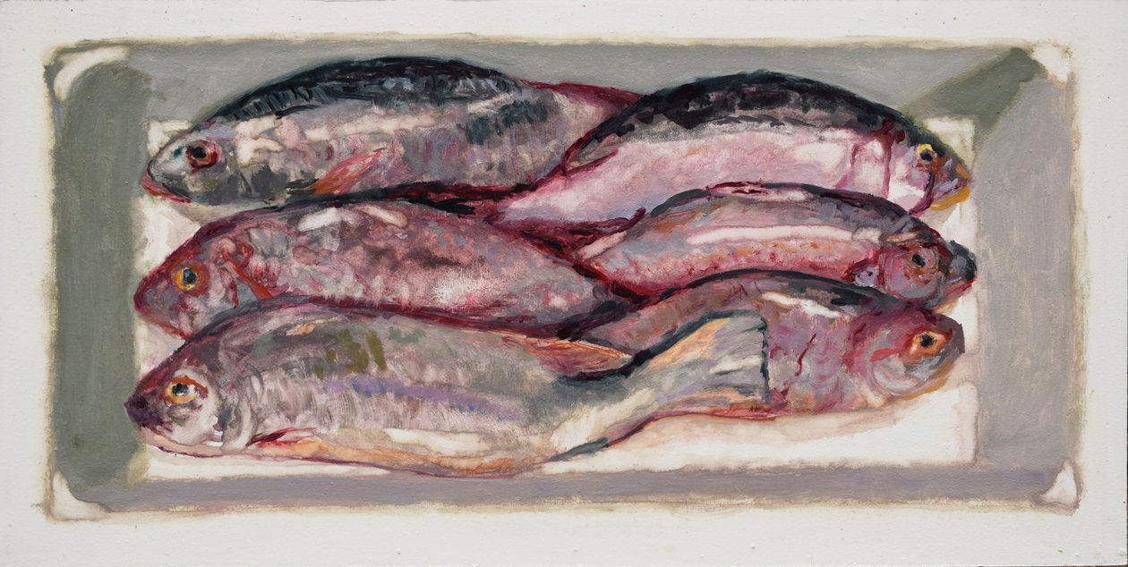 Skrzynia na ryby 1 (Billingsgate, Londyn), 2016 (olej na płycie) autorstwa Trevor Burgess