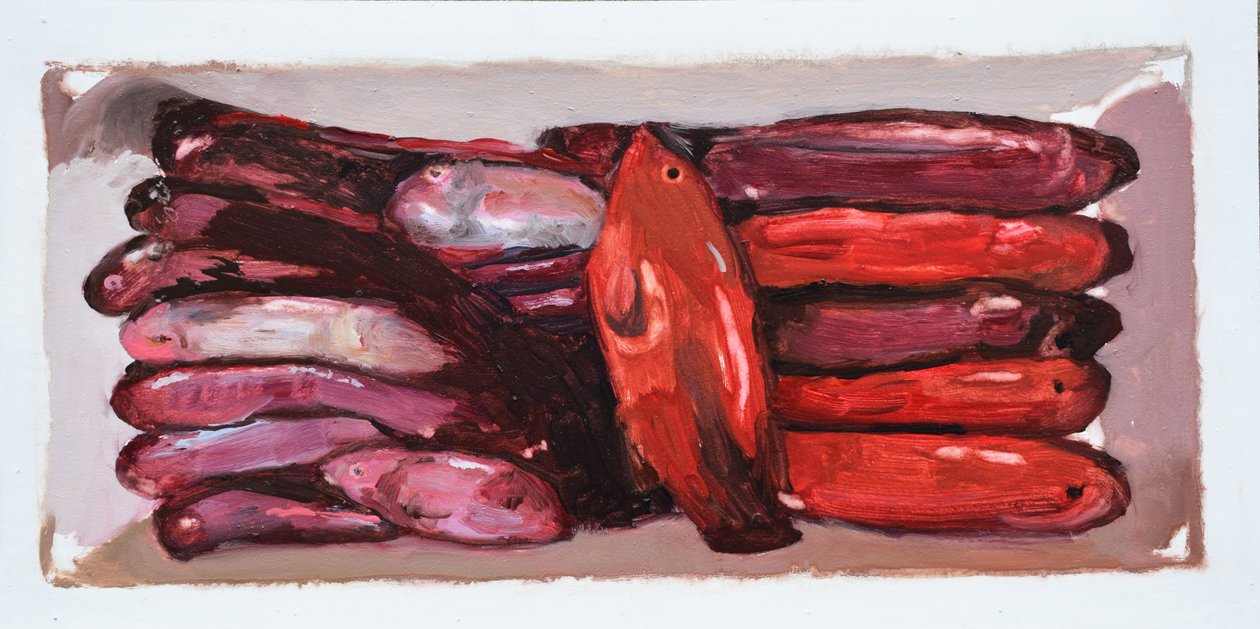 Skrzynia na ryby 2 (Billingsgate, Londyn), 2016 (olej na płycie) autorstwa Trevor Burgess