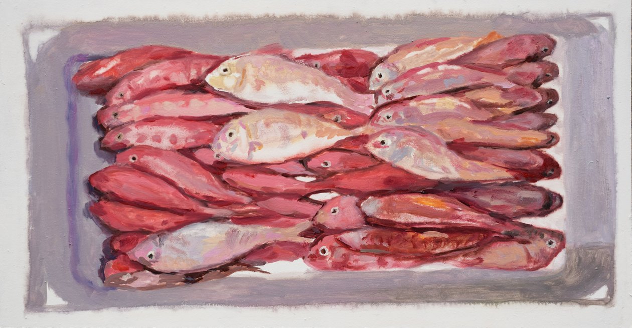 Skrzynia na ryby 4 (Billingsgate, Londyn), 2016 (olej na płycie) autorstwa Trevor Burgess