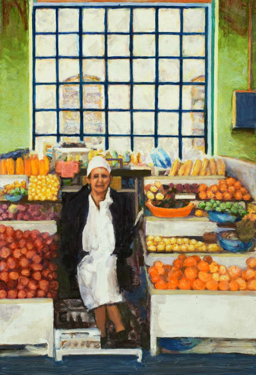 Stoisko targowe (Quito, Ekwador), 2015 (olej na płycie) autorstwa Trevor Burgess