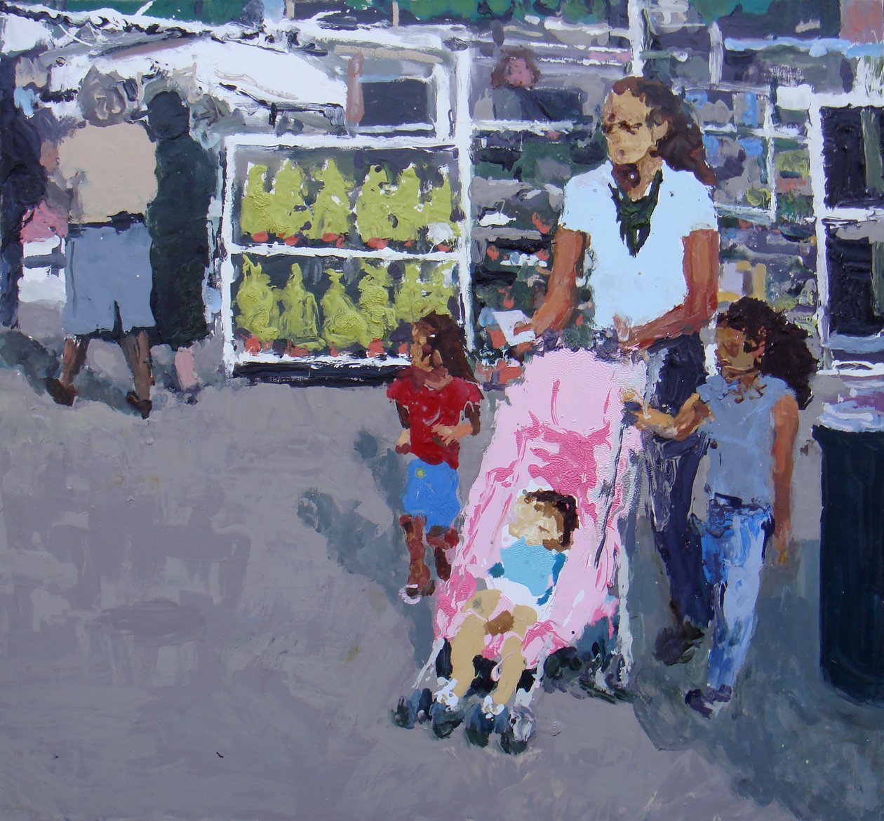 Matka i dzieci na zakupach (rynek Lewisham, Londyn), 2008 (olej na płótnie) autorstwa Trevor Burgess