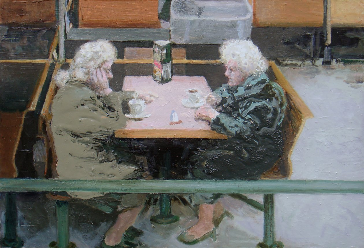Przy filiżance kawy, 2010 (olej na płycie) autorstwa Trevor Burgess