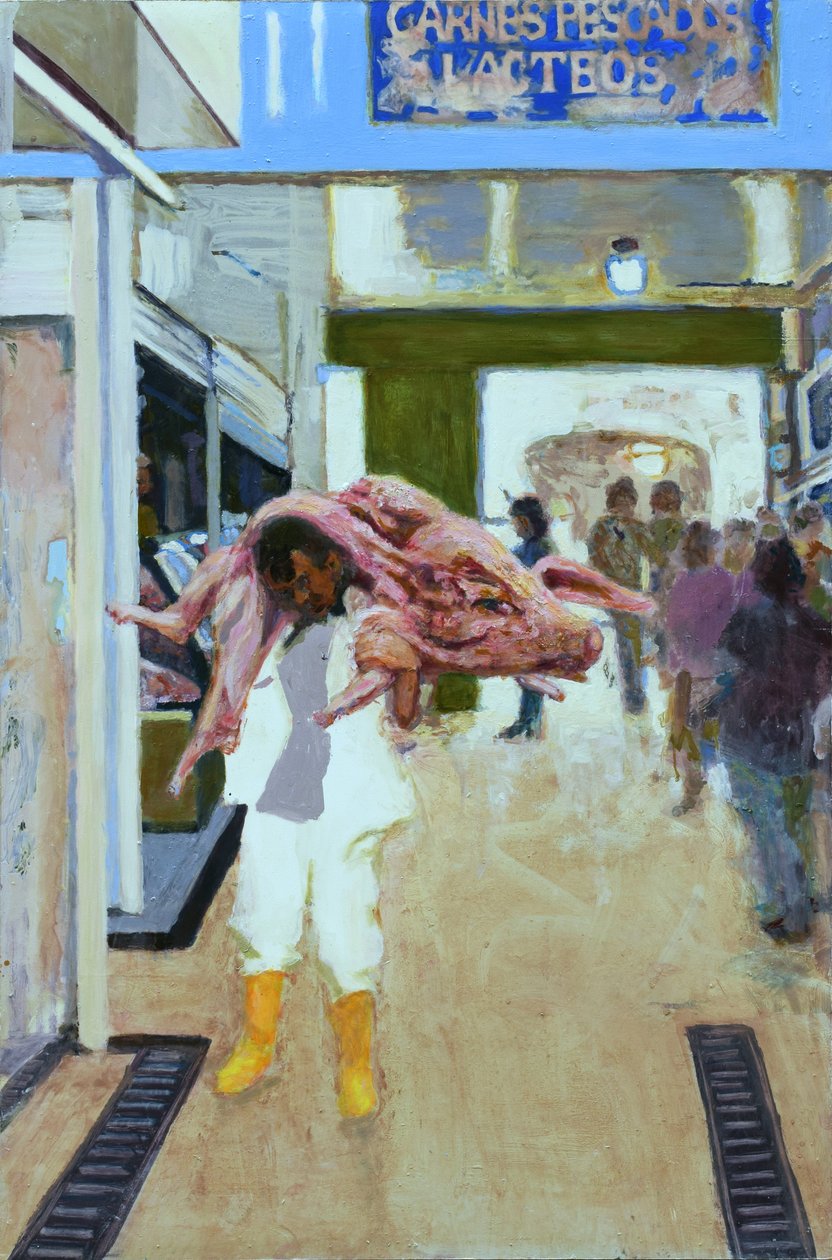Pig to Bacon (Bogota, Kolumbia), 2015 (olej na płycie) autorstwa Trevor Burgess