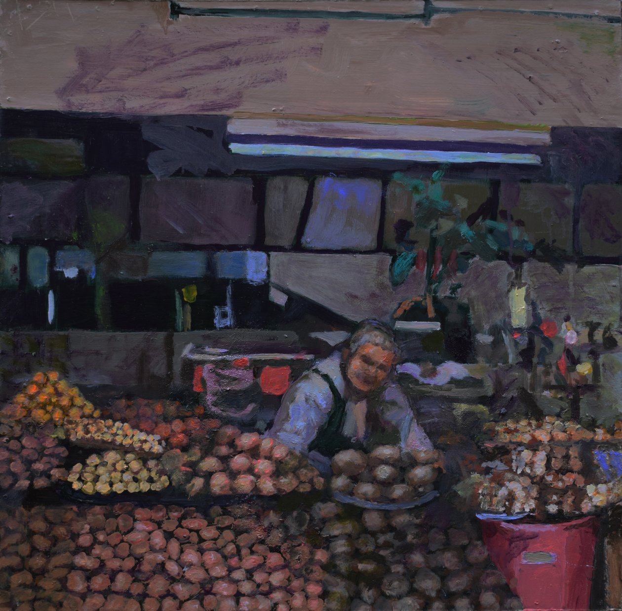 Stragan z ziemniakami (Quito, Ekwador), 2015 (olej na płycie) autorstwa Trevor Burgess