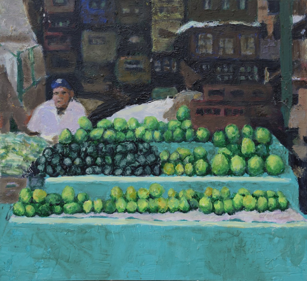 Sprzedaż mango i awokado (Bogota, Kolumbia), 2016 (olej na płycie) autorstwa Trevor Burgess