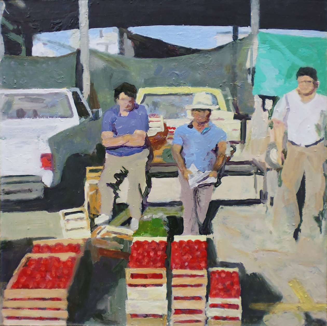 Trzech mężczyzn sprzedających pomidory (San Juan, Argentyna), 2014 (olej na płycie) autorstwa Trevor Burgess