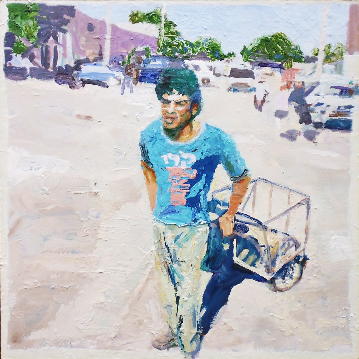 Człowiek na wózku (San Juan, Argentyna), 2014 (olej na płycie) autorstwa Trevor Burgess