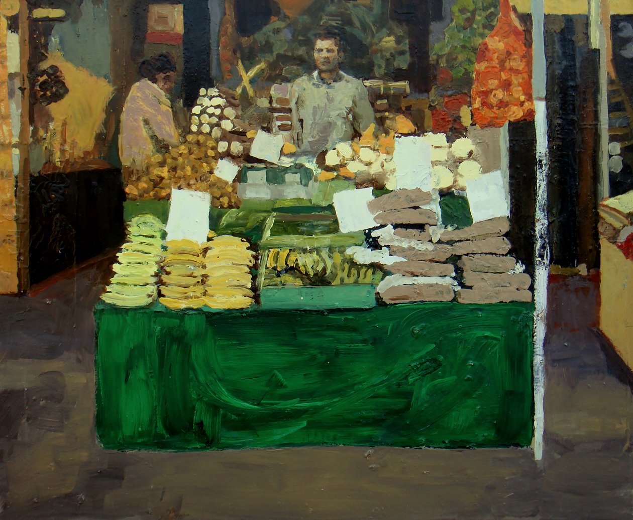 Stragan z warzywami (Deptford, Londyn), 2009 (olej na płycie) autorstwa Trevor Burgess