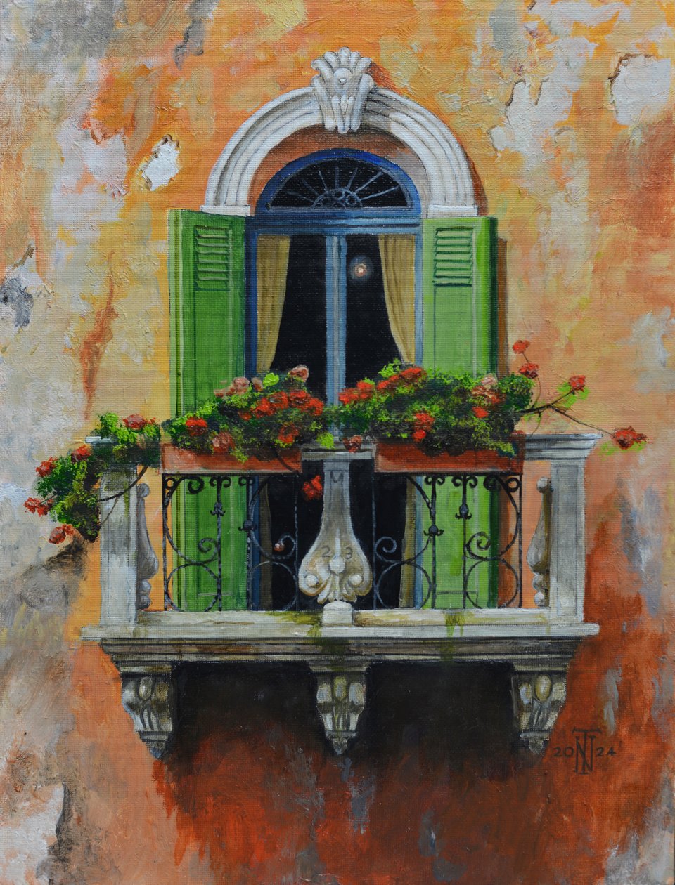 Francuski balkon, Aix- en- Provence, Francja, 2024 (olej na płycie) autorstwa Trevor Neal