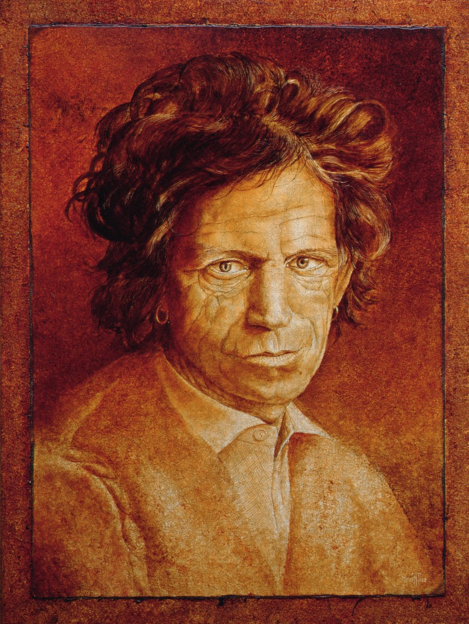 Keith Richards (ur. 1943) (olej szkliwiony na spękanym gesso na płótnie ułożonym na desce) autorstwa Trevor Neal