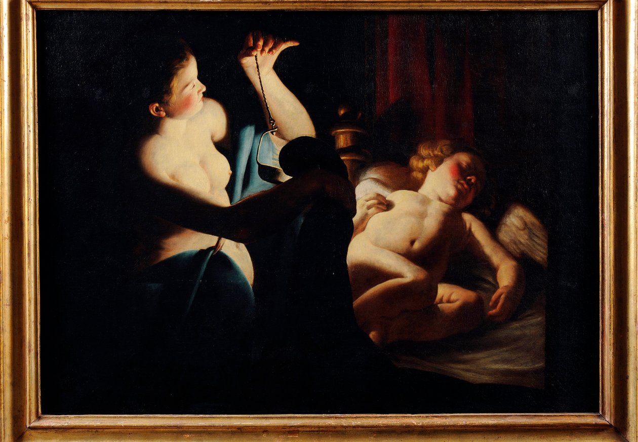 ""Psyche odkrywa Kupidyna"" (Psyche odkrywa Kupidyna) Obraz Trophime (Theophisme) Bigot, dit le maitre a la chandelle (1579-1650) Olej na płótnie - Pinacoteca Civica, Teramo autorstwa Trophime Bigot