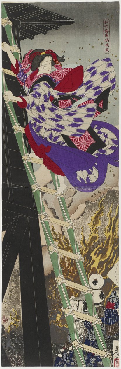 Sosna, Bambus i Śliwka: Oprawione Malarstwo w Yushimie, 1885 (dyptyk drukowany w kolorowym drewnie) autorstwa Tsukioka Yoshitoshi