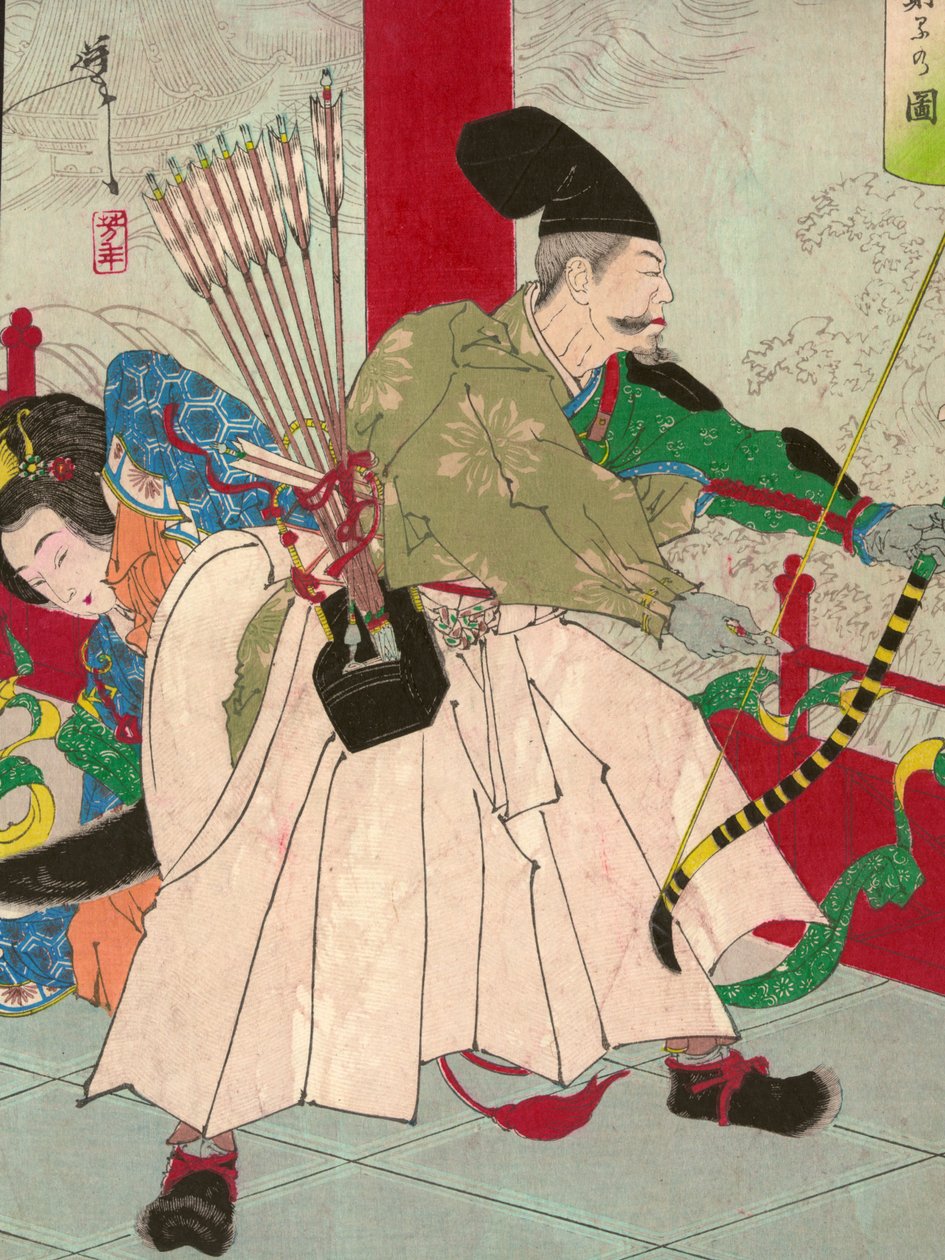 Watanabe no Tsuna, z łukiem i strzałami, w pałacu demona Ibaraki, pub. ok. 1880 (drewno ręcznie kolorowane) autorstwa Tsukioka Yoshitoshi