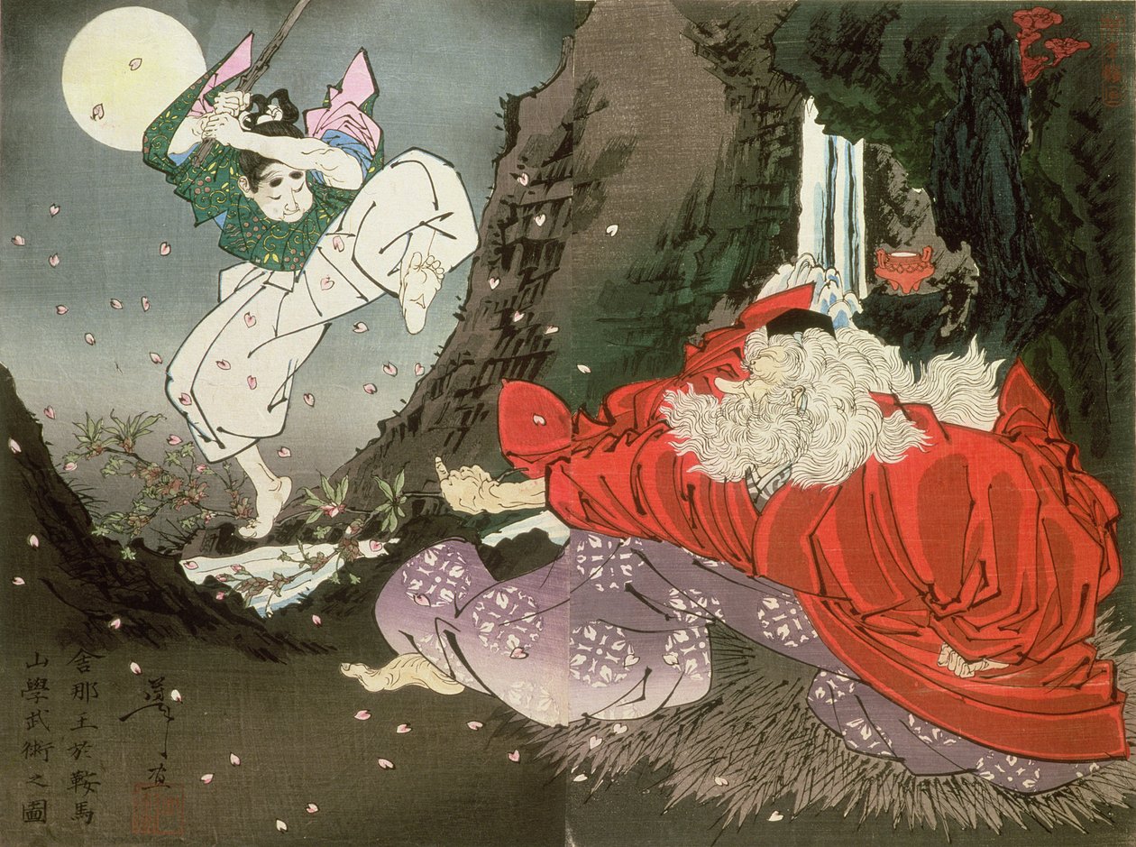 Yoshitsune i Król Tengu, (kolorowa odbitka drzeworytnicza) autorstwa Tsukioka Yoshitoshi