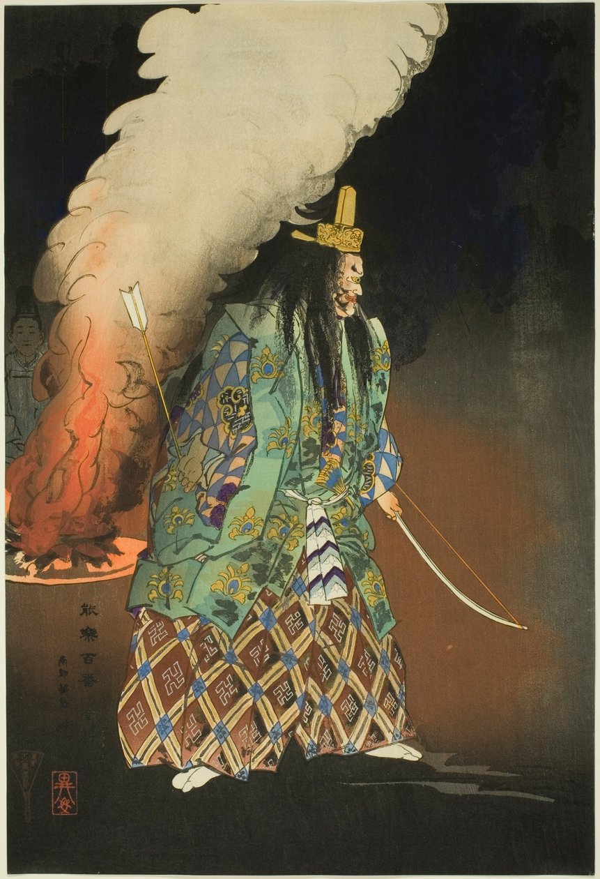 Scena z no dramy: The Gold Charms, z serii "One Hundred No Dramas (Nogaku hyakuban)". autorstwa Tsukioka Kogyo