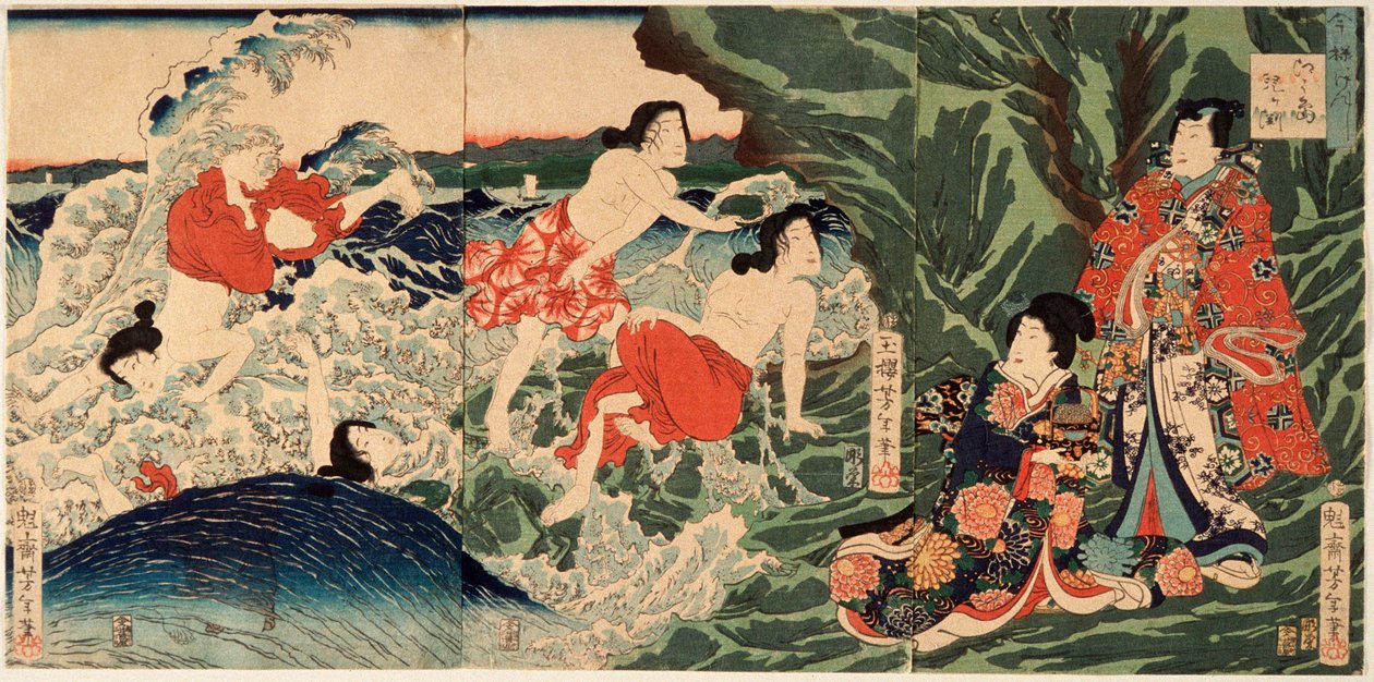 Współczesny książę Genji w Chigogafuchi, Enoshima autorstwa Tsukioka Yoshitoshi