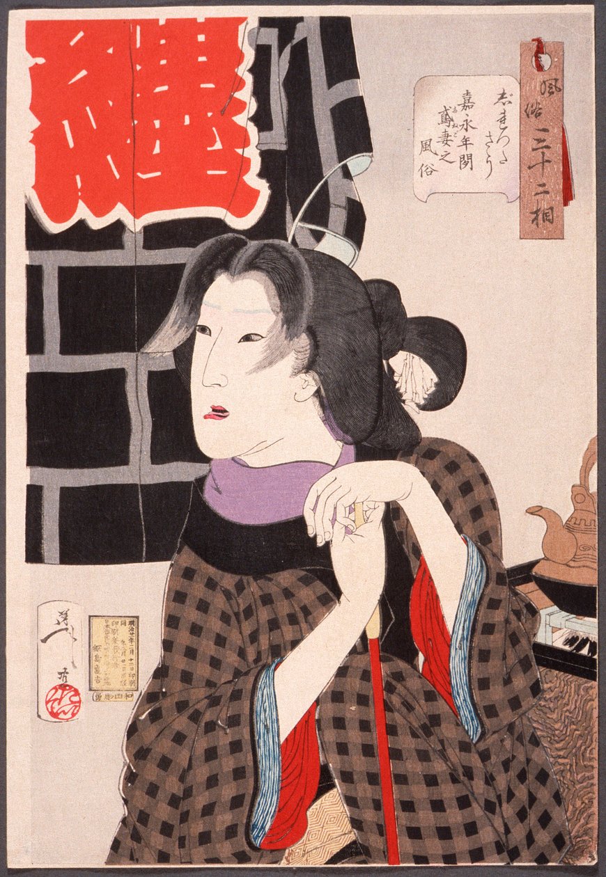 W oczekiwaniu: Żona strażaka w okresie Kaei (1848-1853) autorstwa Tsukioka Yoshitoshi