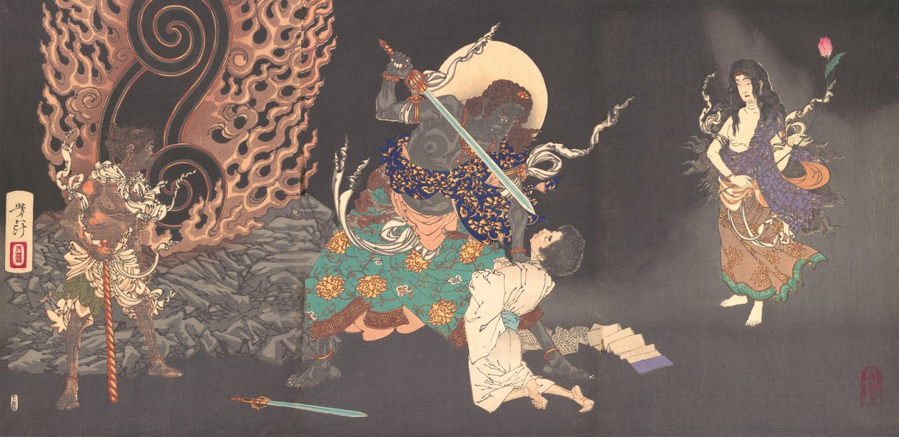 Fudo Myoo Threatening a Novice, 1885. autorstwa Tsukioka Yoshitoshi